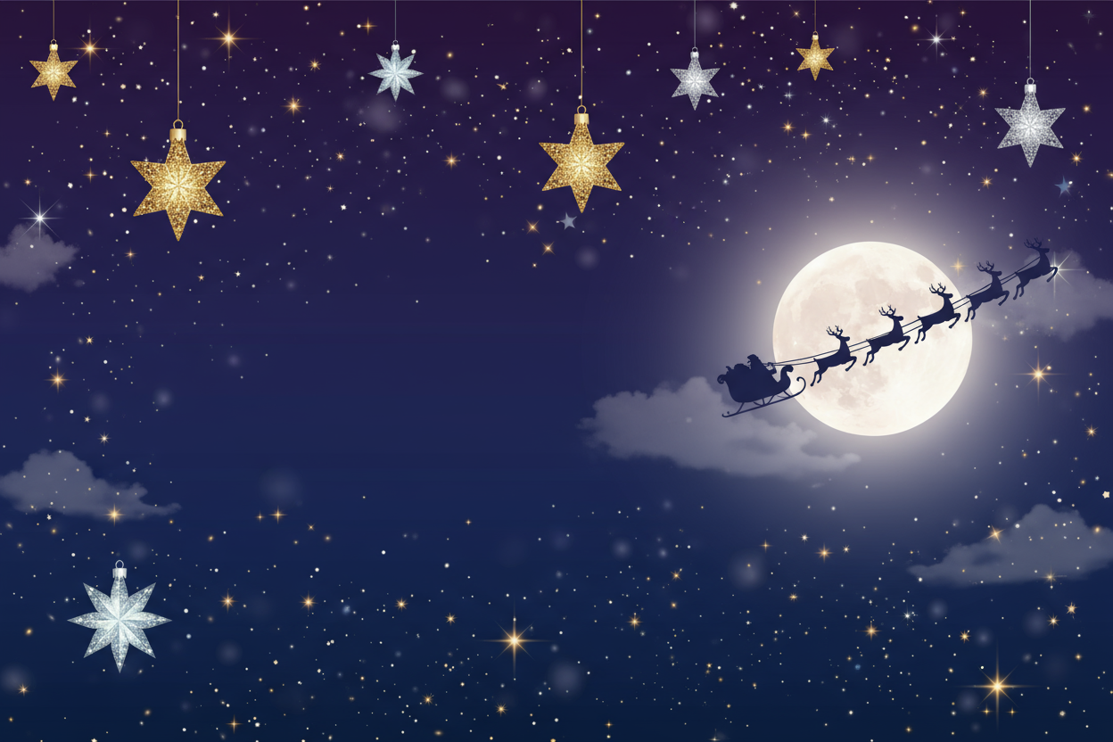 Eu acho que poderia ser um ceu de noite, com estrelas de natal e do lado direito um treno de papai noel voando