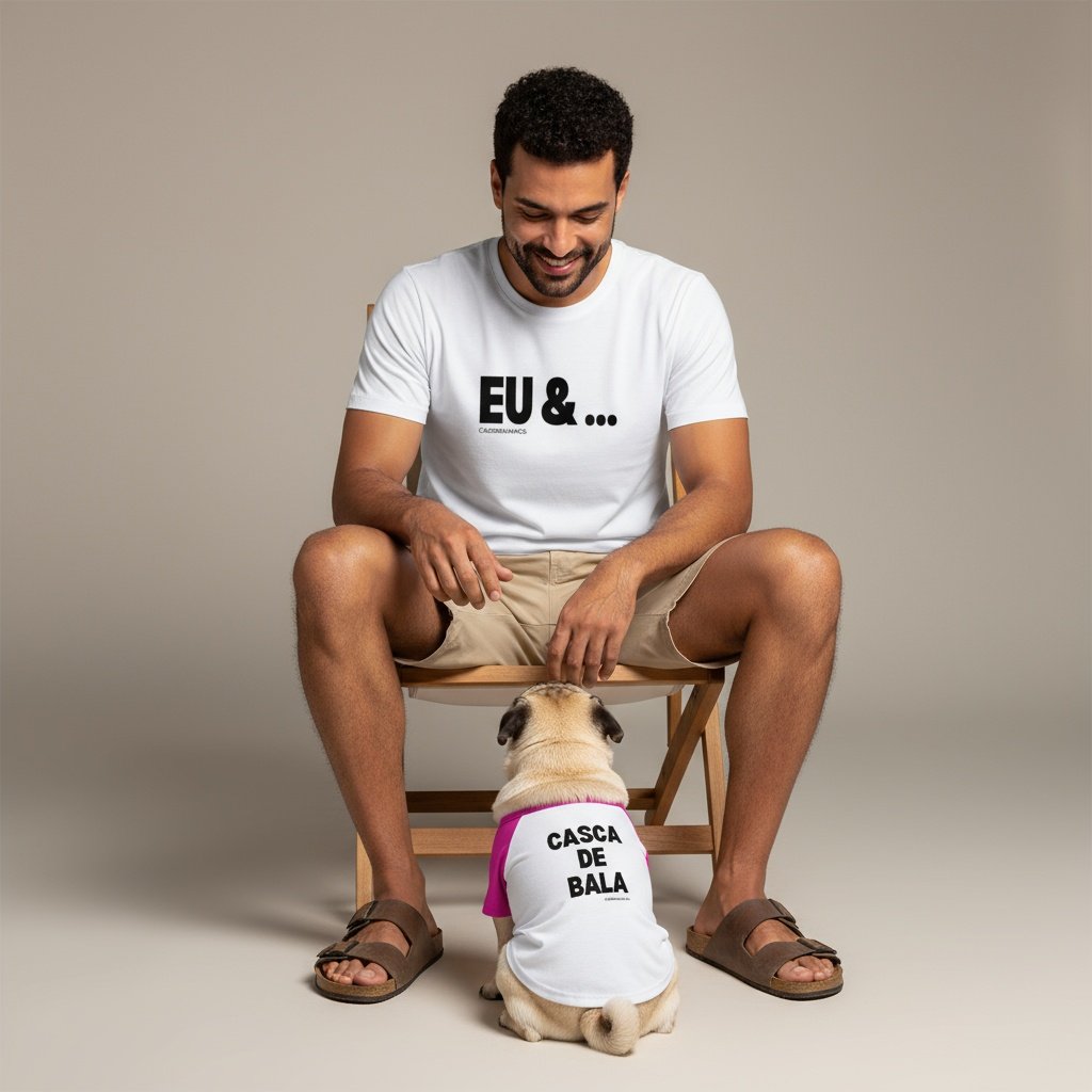 KIT CAMISETAS HUMANO + PET: EU & CASCA DE BALA